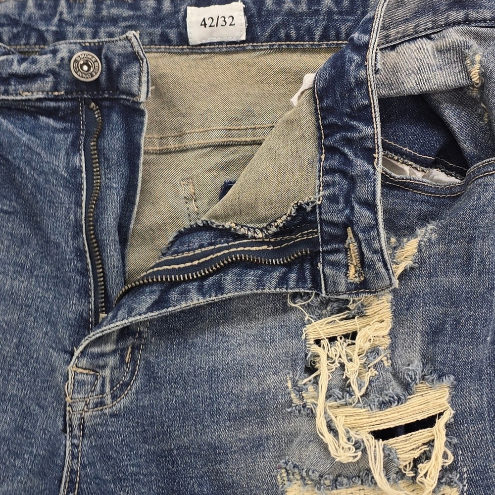 Smoke Rise Distressed Moto Jeans Mens 42x32 Blue Splatter Ripped Streetwear Y2K - Picture 5 of 11